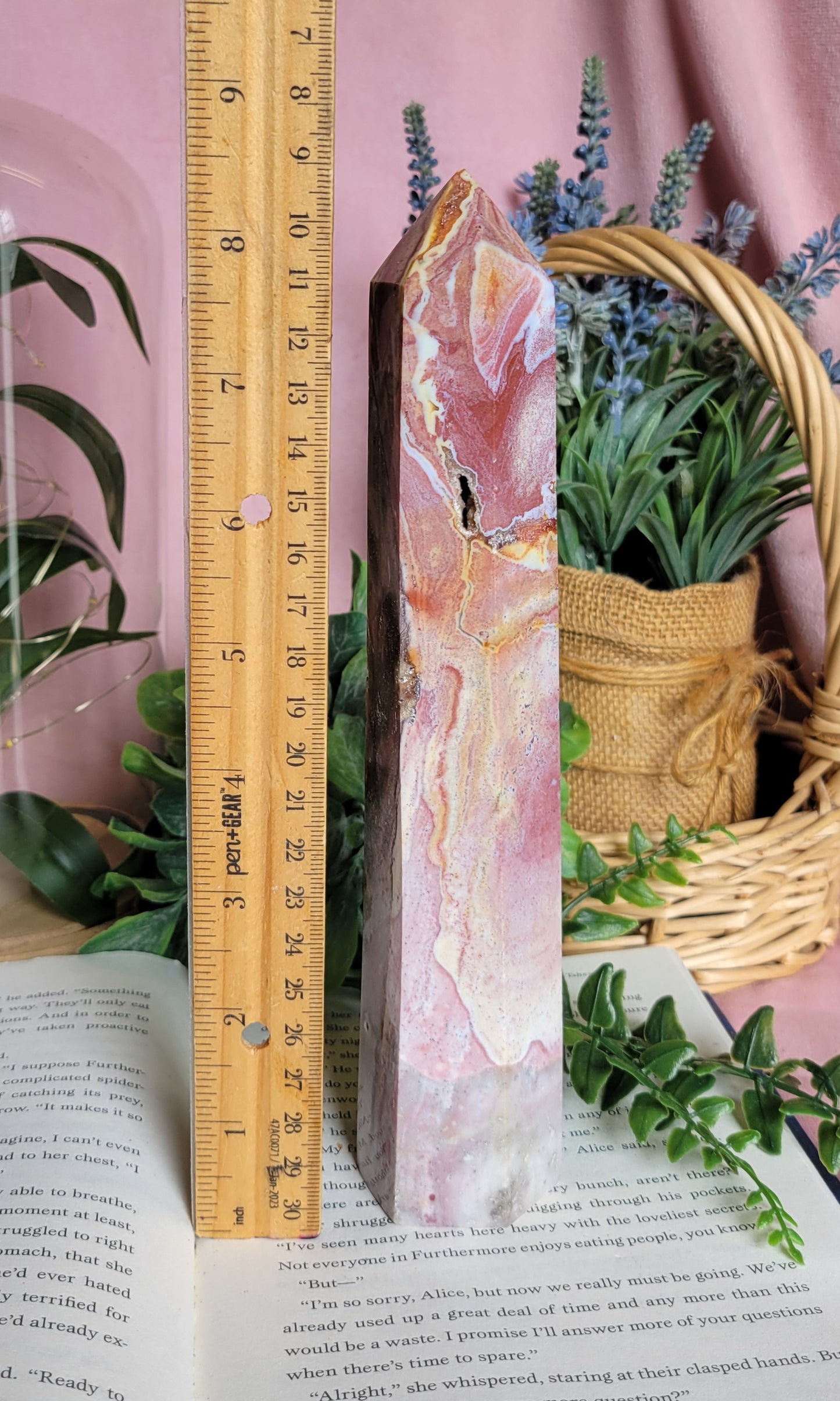 Pink & yellow druzy Sea jasper tower