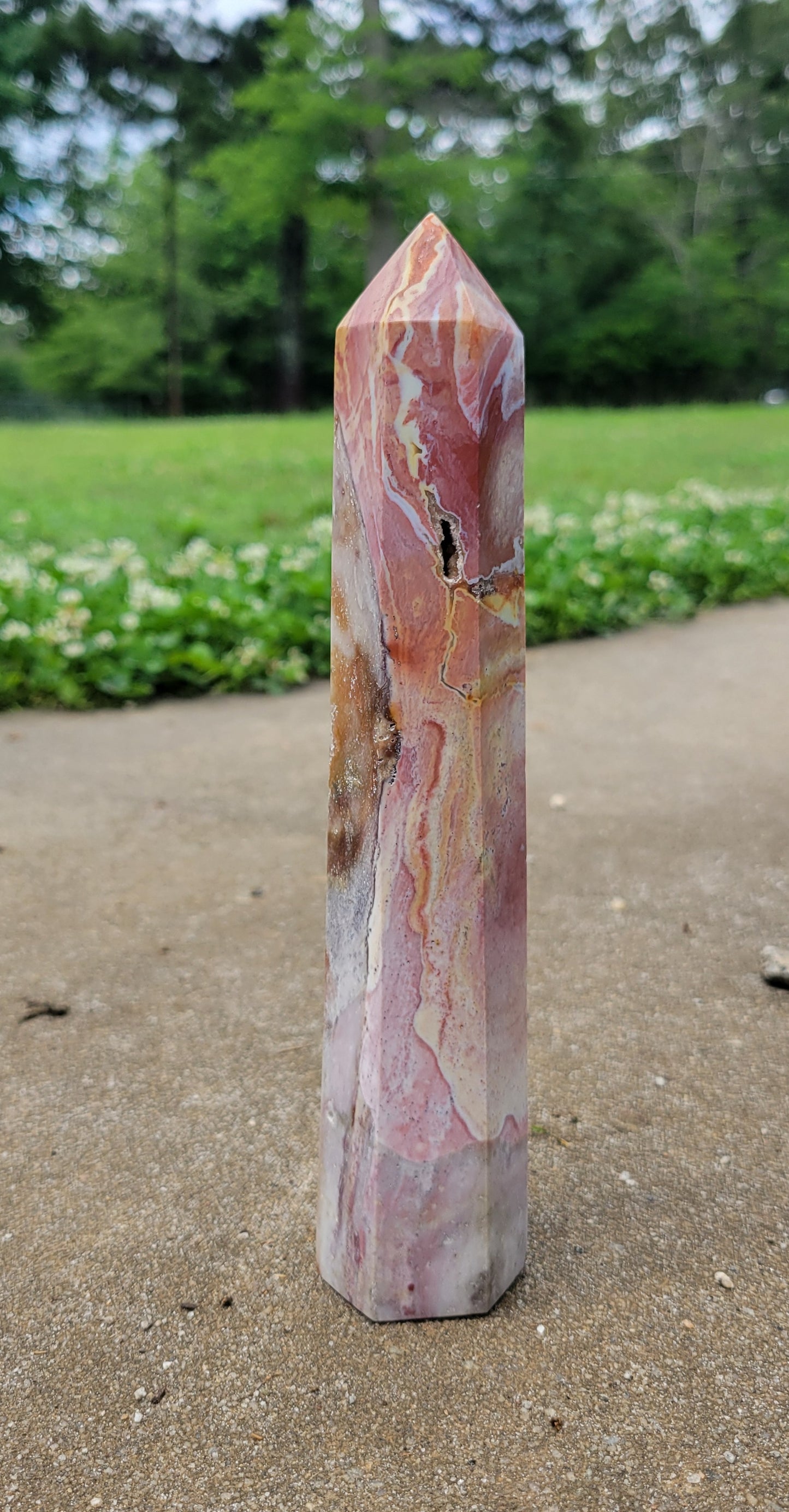 Pink & yellow druzy Sea jasper tower