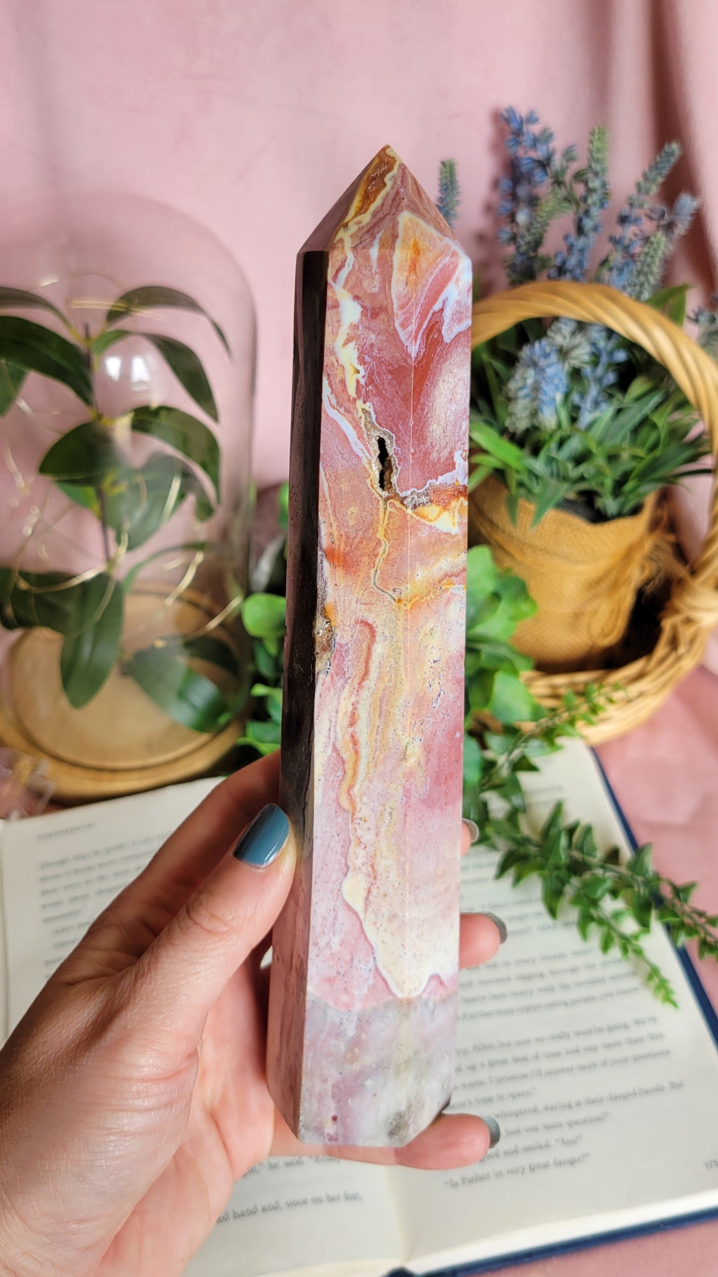 Pink & yellow druzy Sea jasper tower