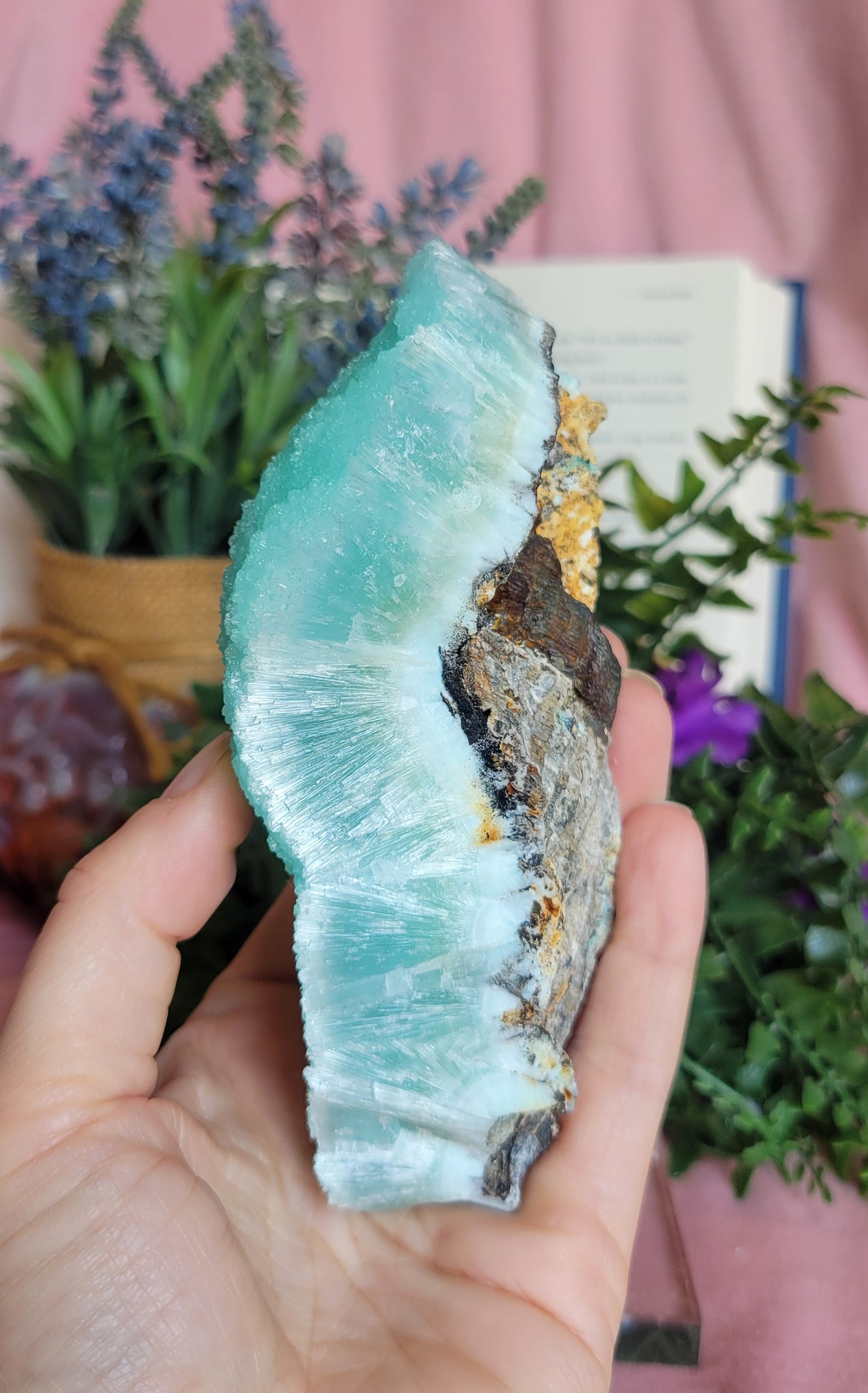 Icy blue aragonite specimen