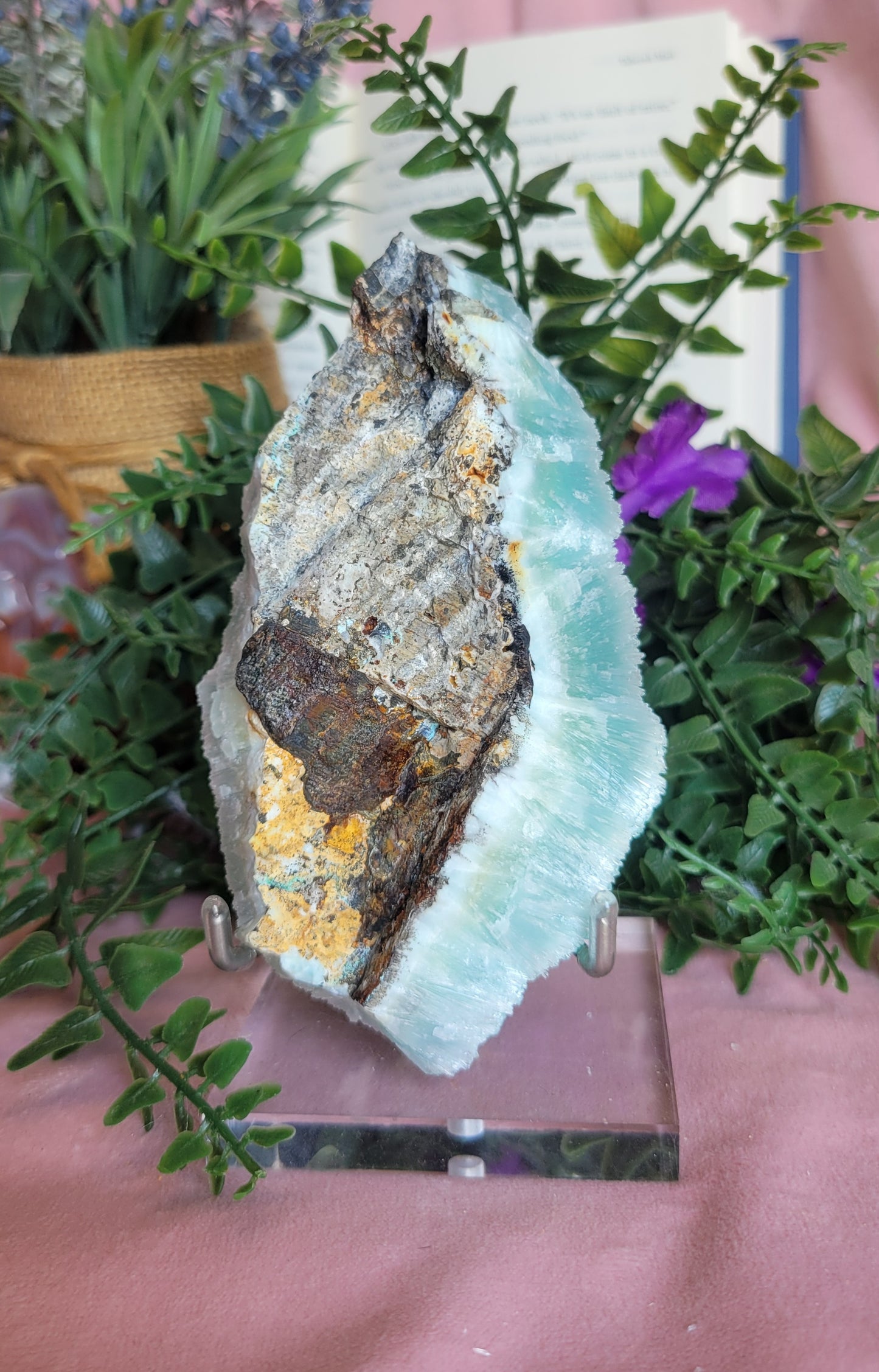 Icy blue aragonite specimen