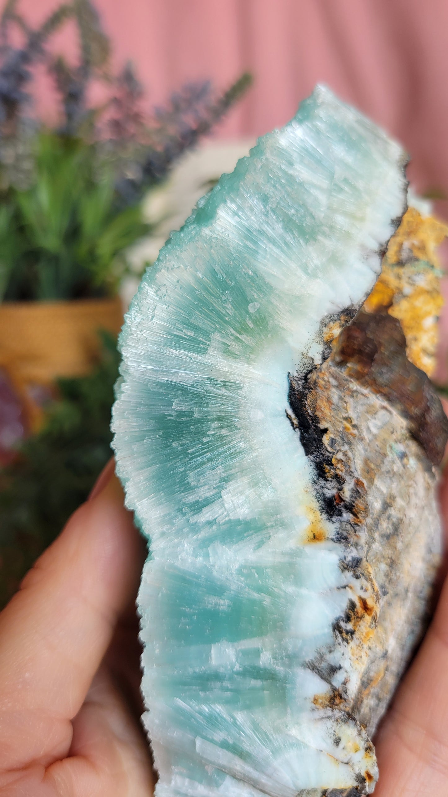 Icy blue aragonite specimen