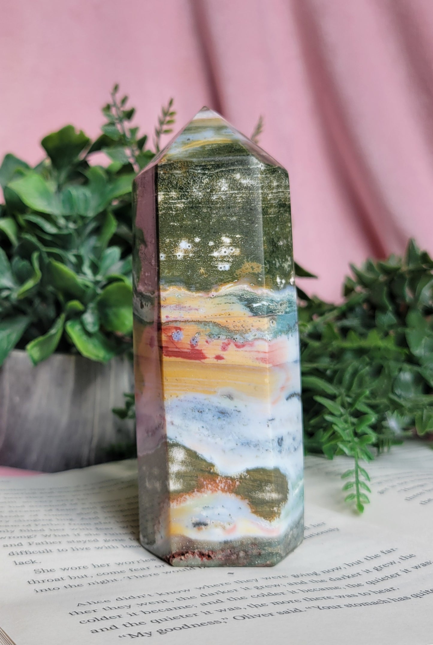 Chunky colorful sea jasper tower