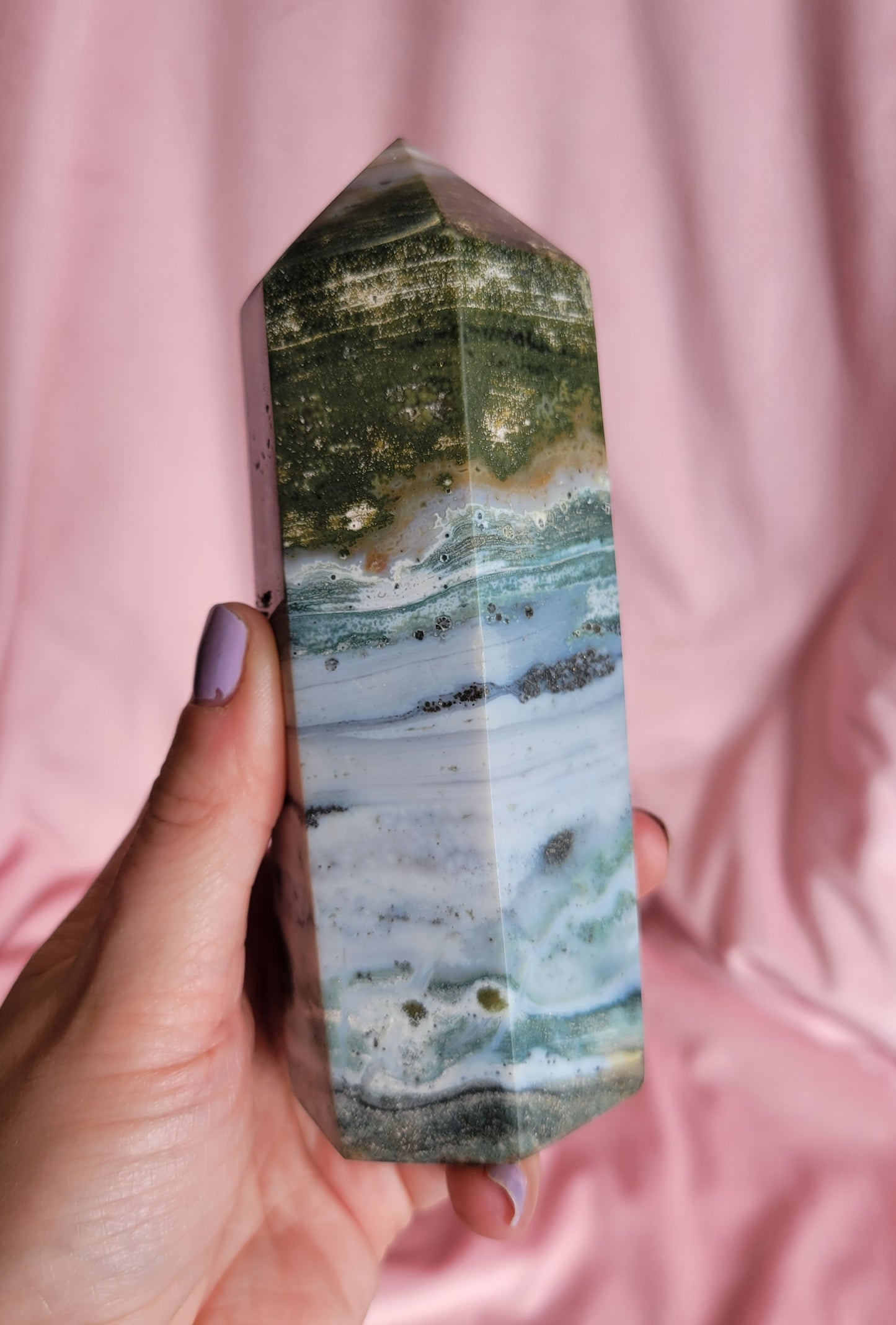 Chunky colorful sea jasper tower