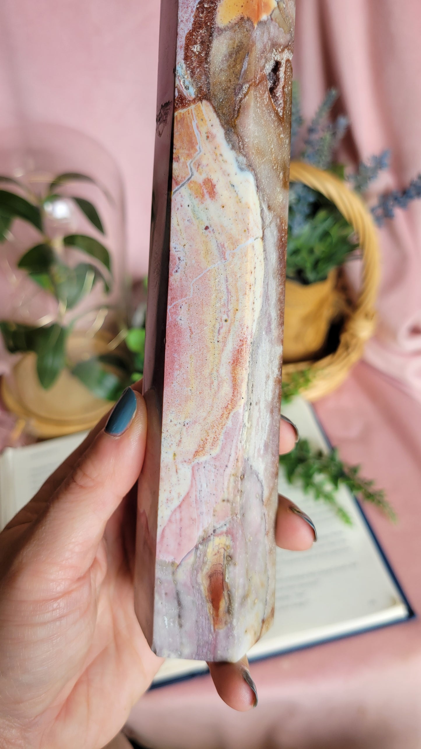 Pink & yellow druzy Sea jasper tower