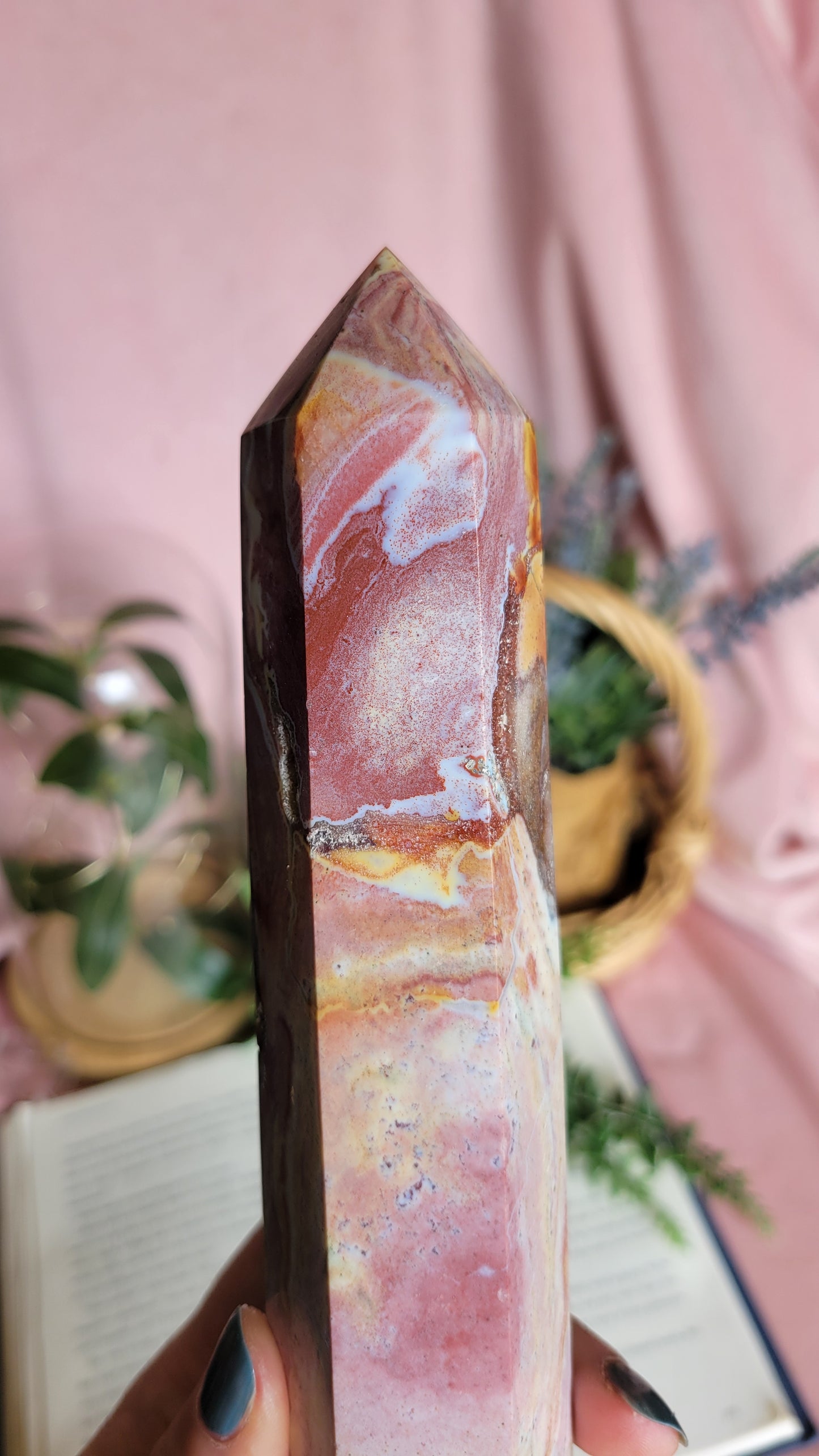 Pink & yellow druzy Sea jasper tower