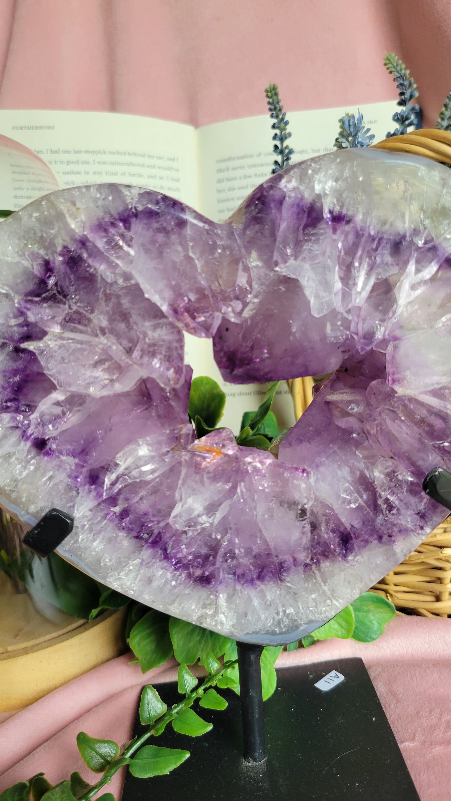 Purple amethyst heart on stand from Brazil