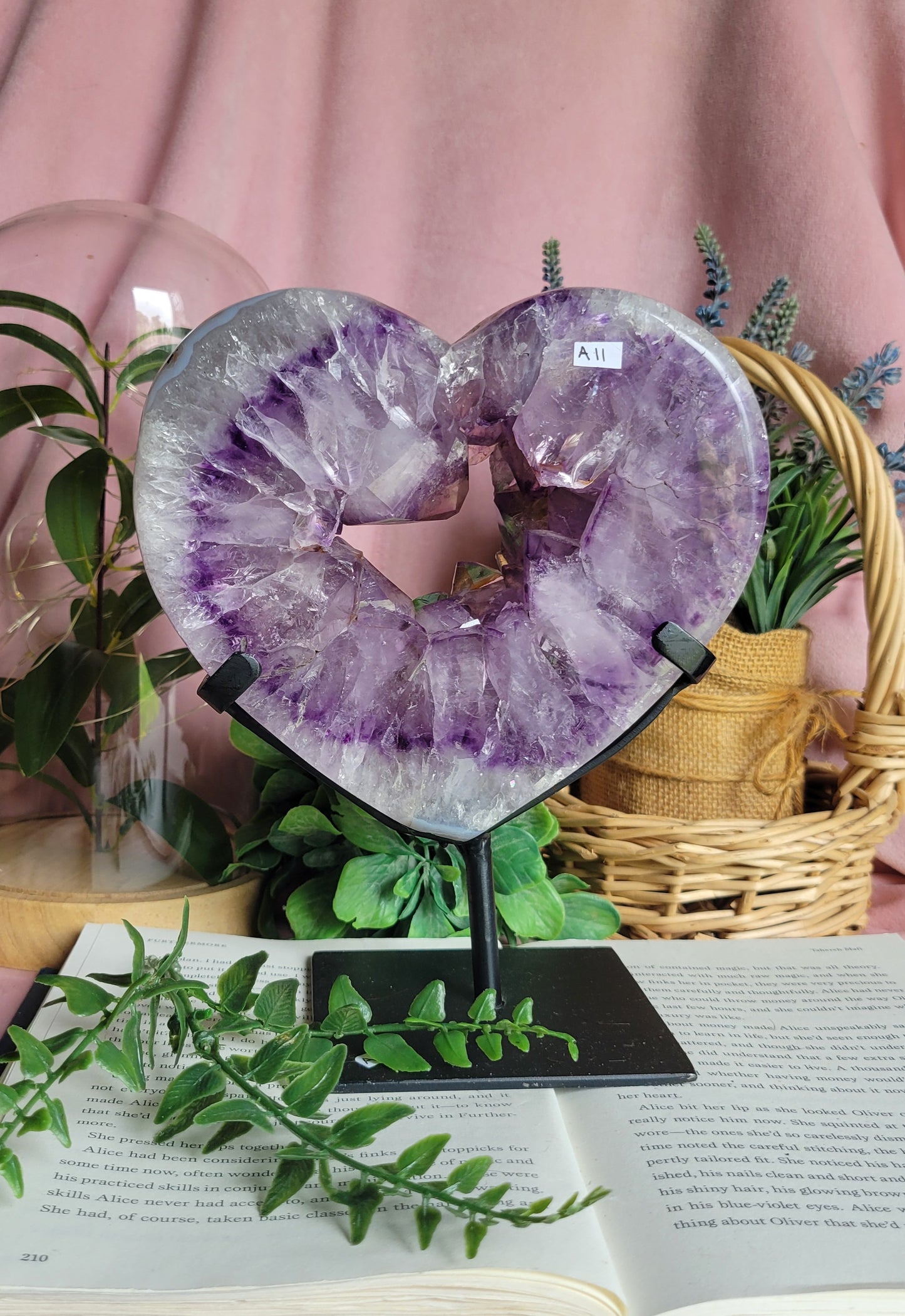Purple amethyst heart on stand from Brazil