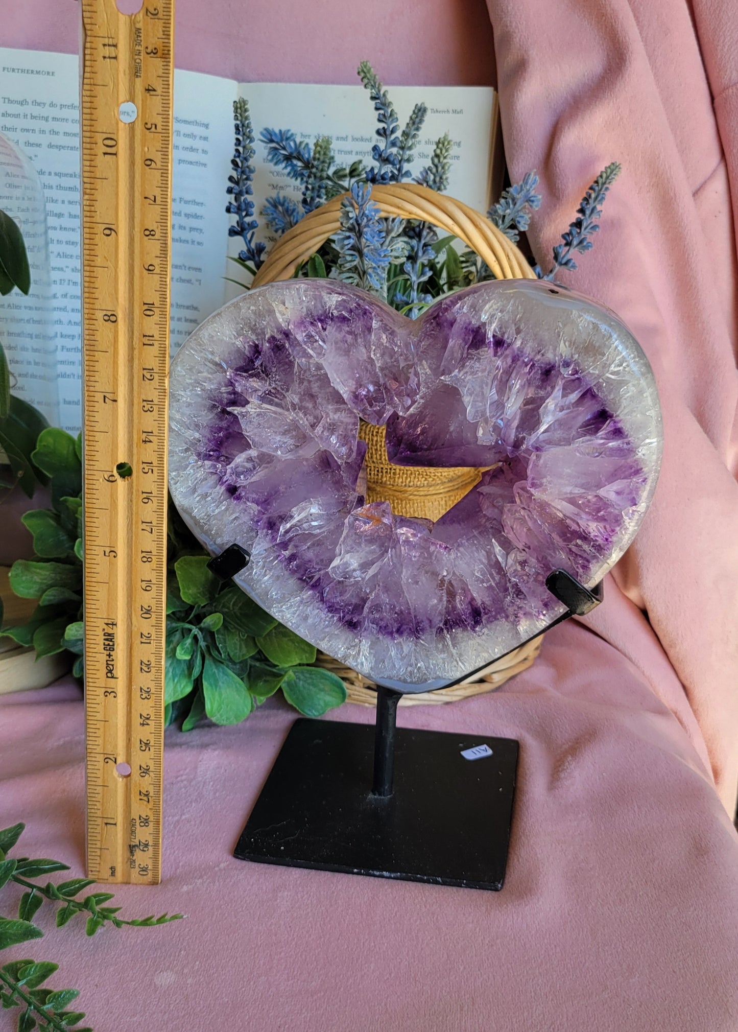 Purple amethyst heart on stand from Brazil