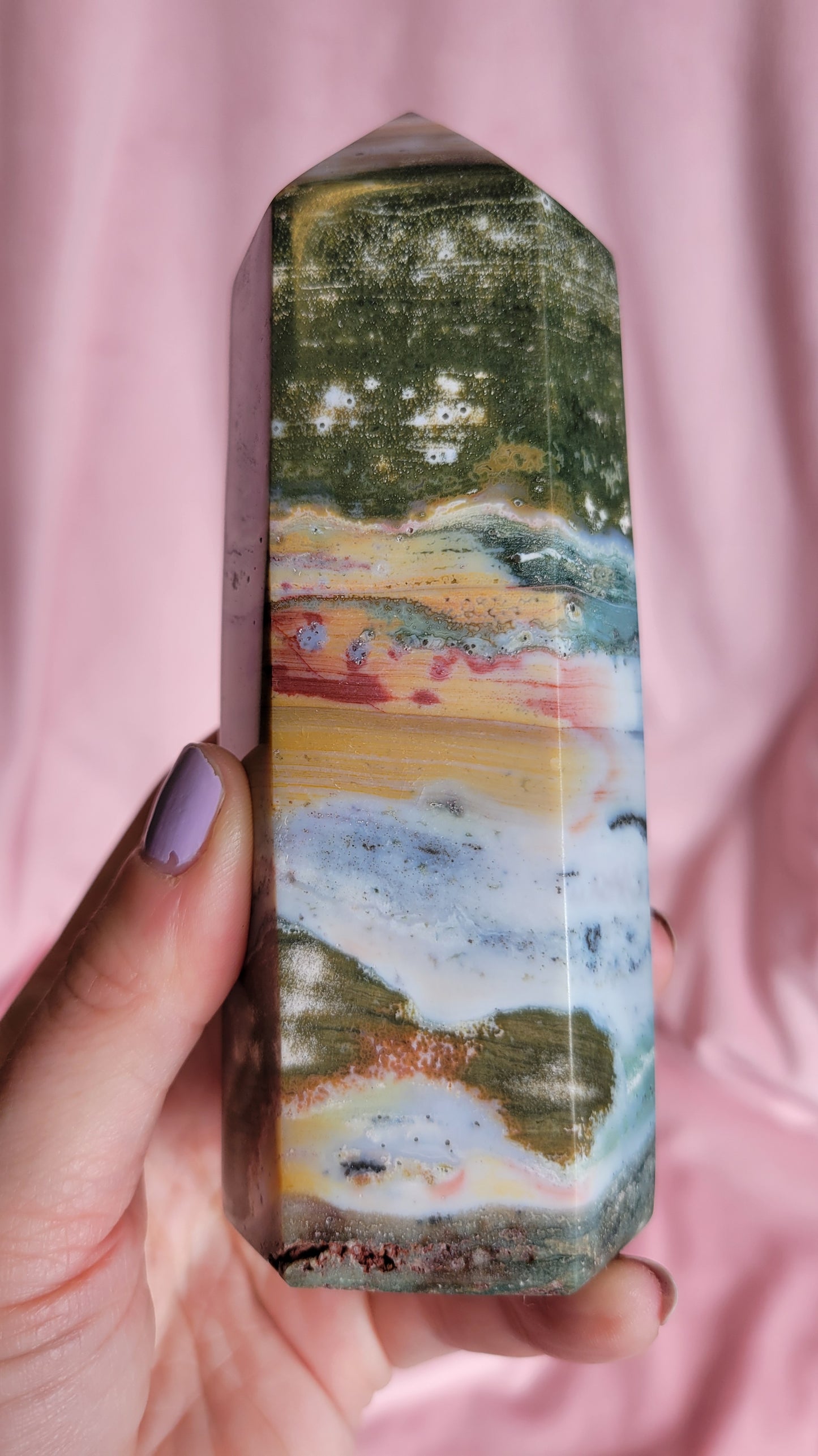 Chunky colorful sea jasper tower