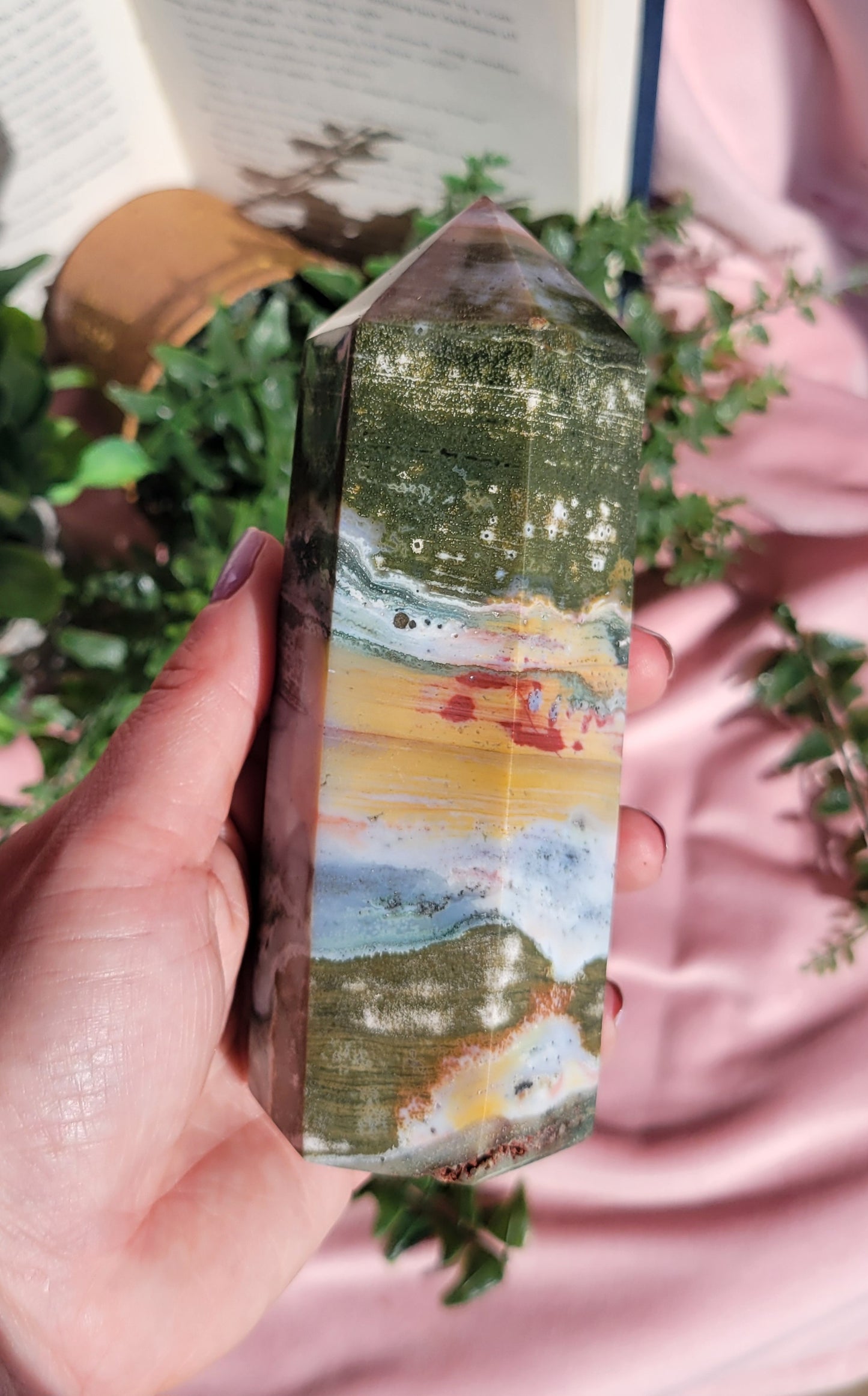 Chunky colorful sea jasper tower