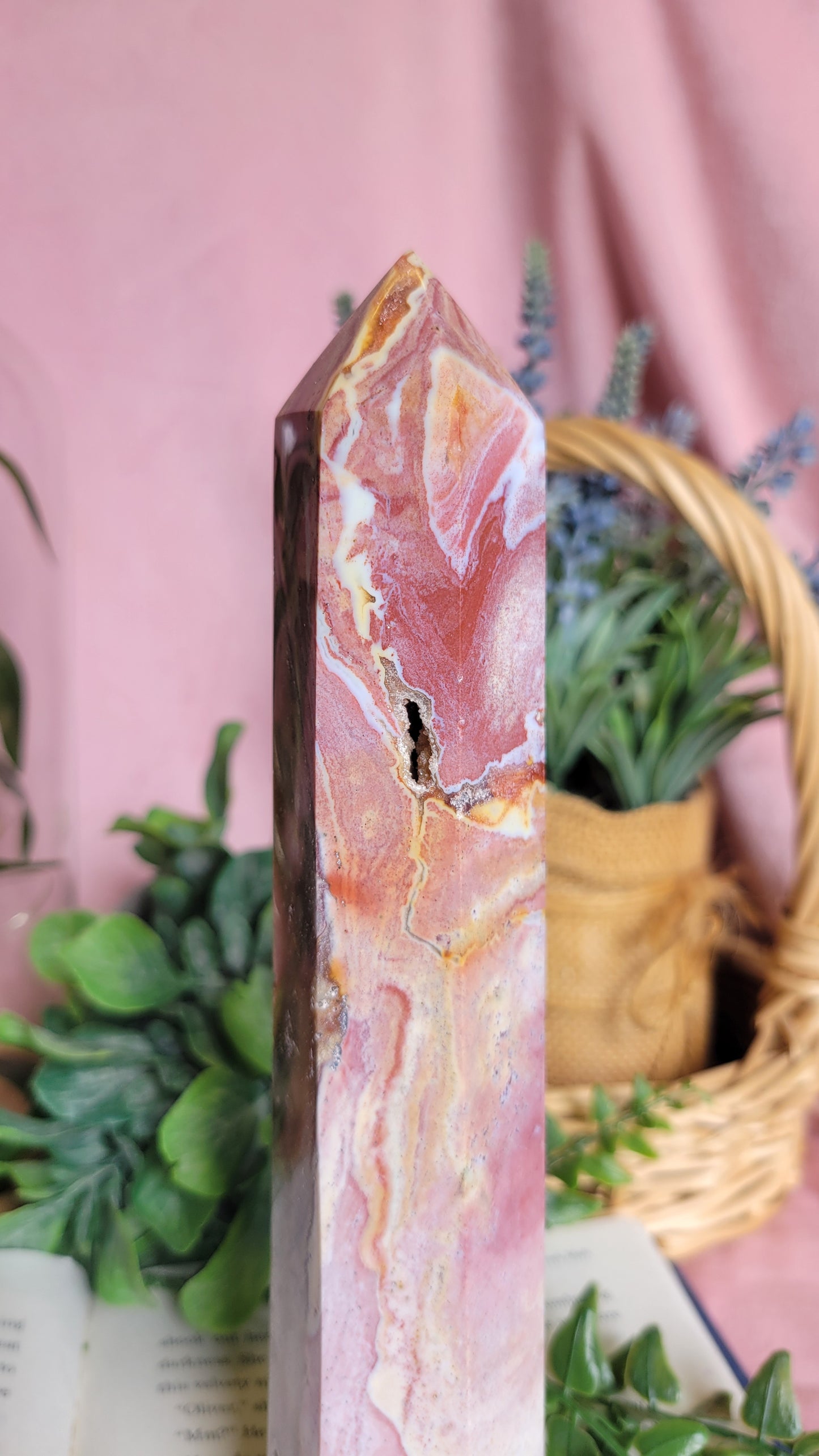 Pink & yellow druzy Sea jasper tower