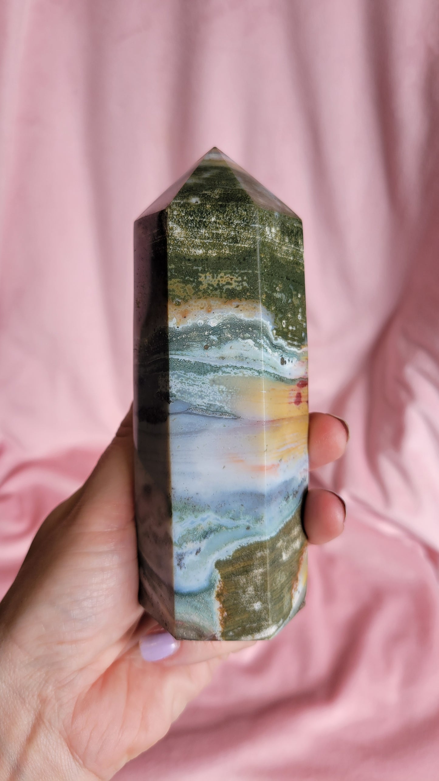 Chunky colorful sea jasper tower
