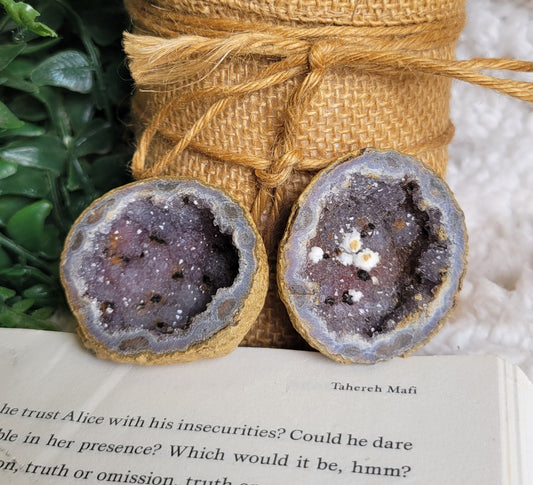 Pink and purple druzy geode pair
