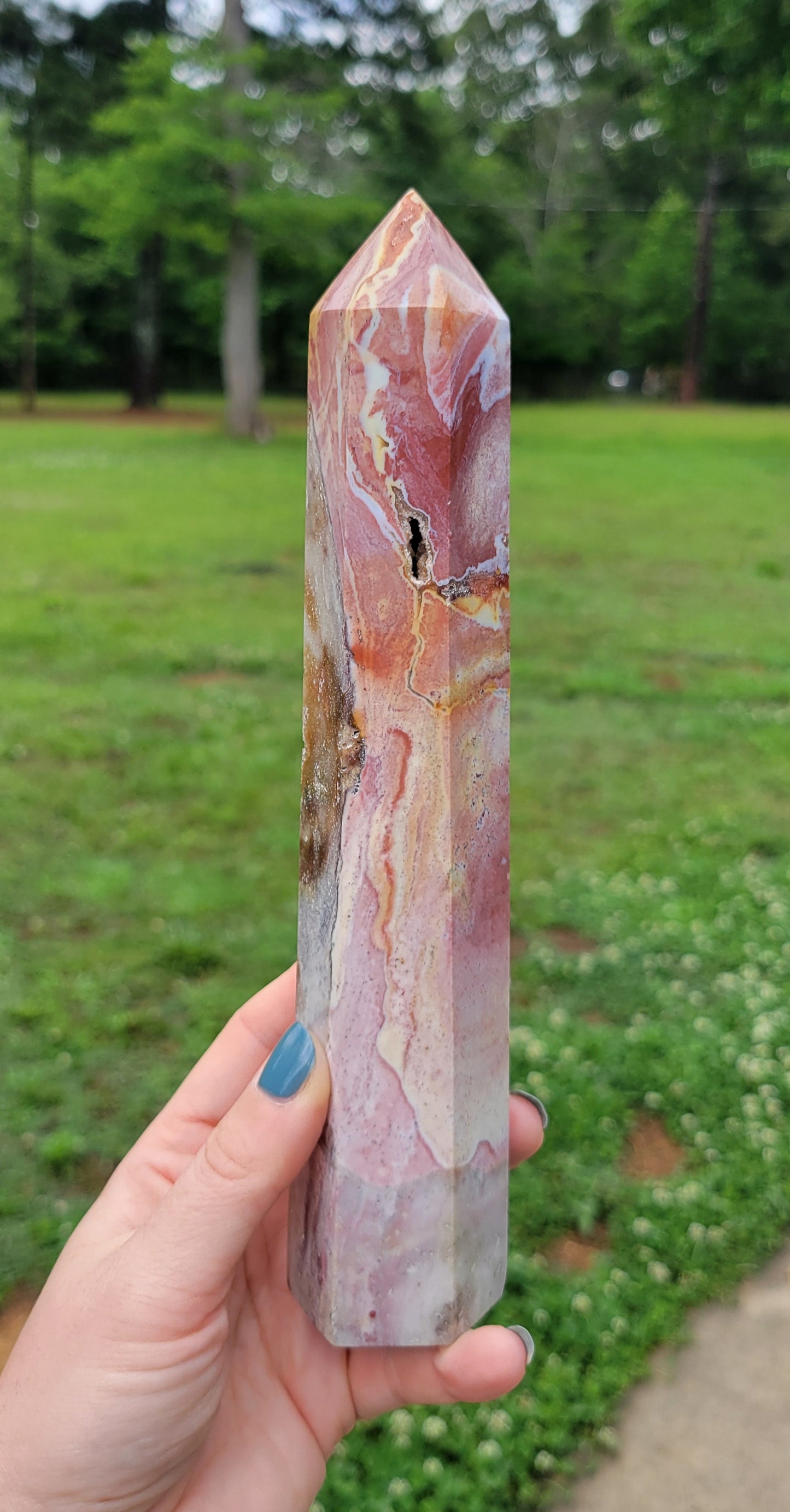Pink & yellow druzy Sea jasper tower