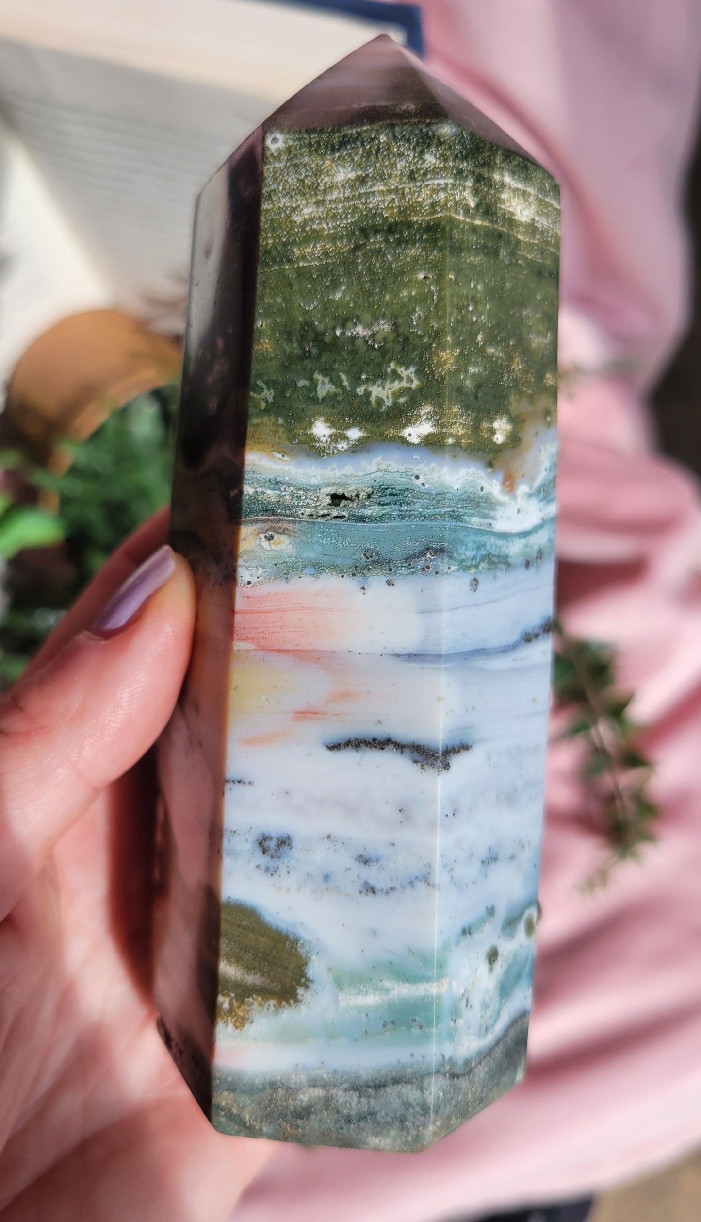 Chunky colorful sea jasper tower