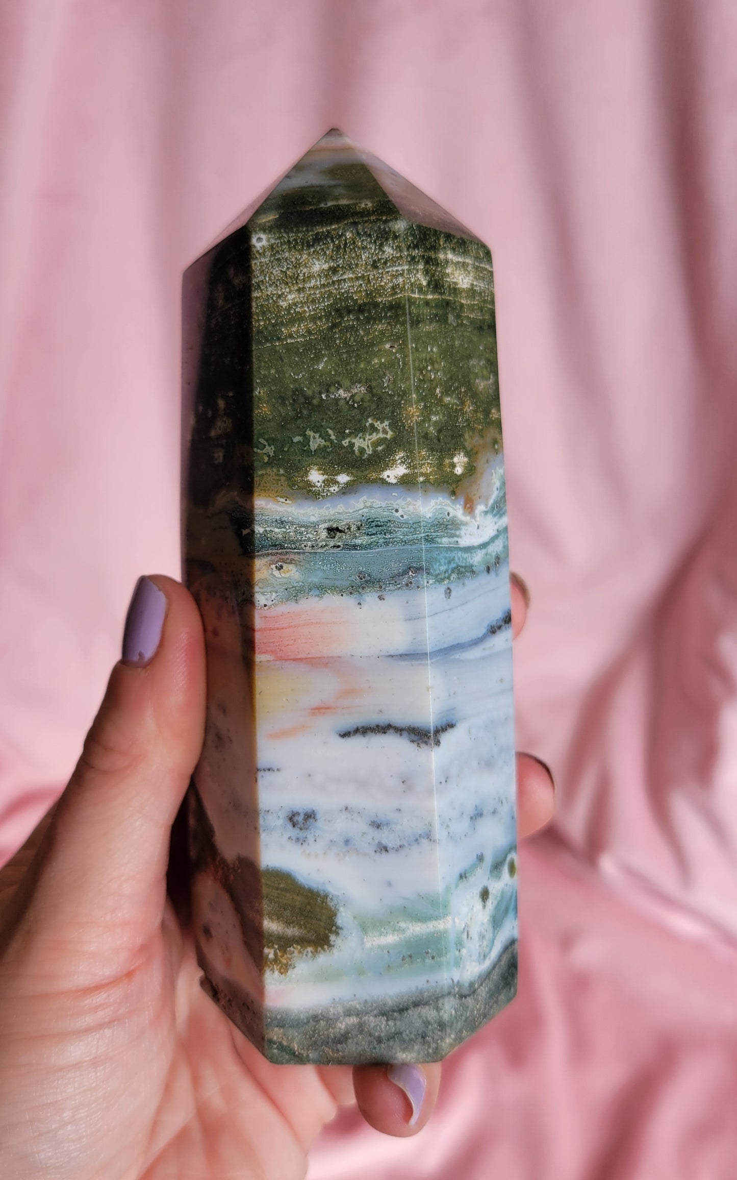 Chunky colorful sea jasper tower