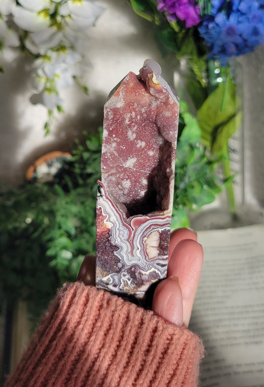 Red druzy Mexican crazy lace agate tower