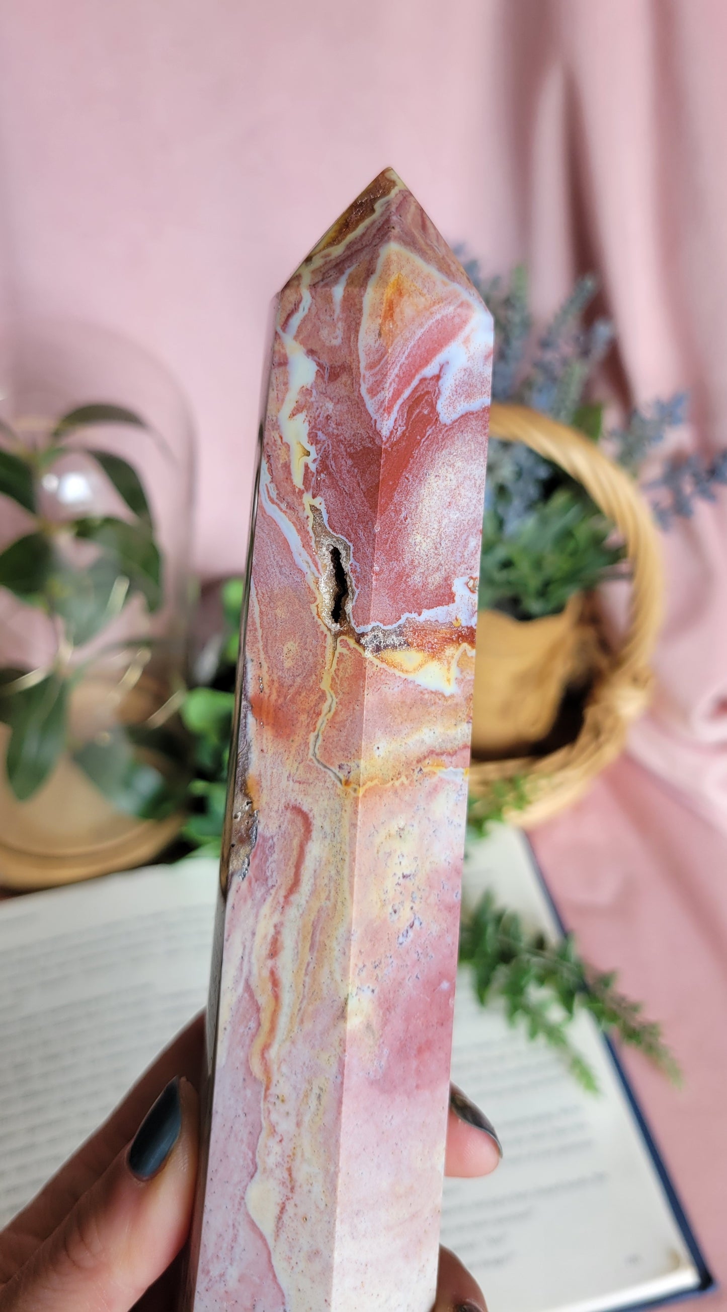 Pink & yellow druzy Sea jasper tower