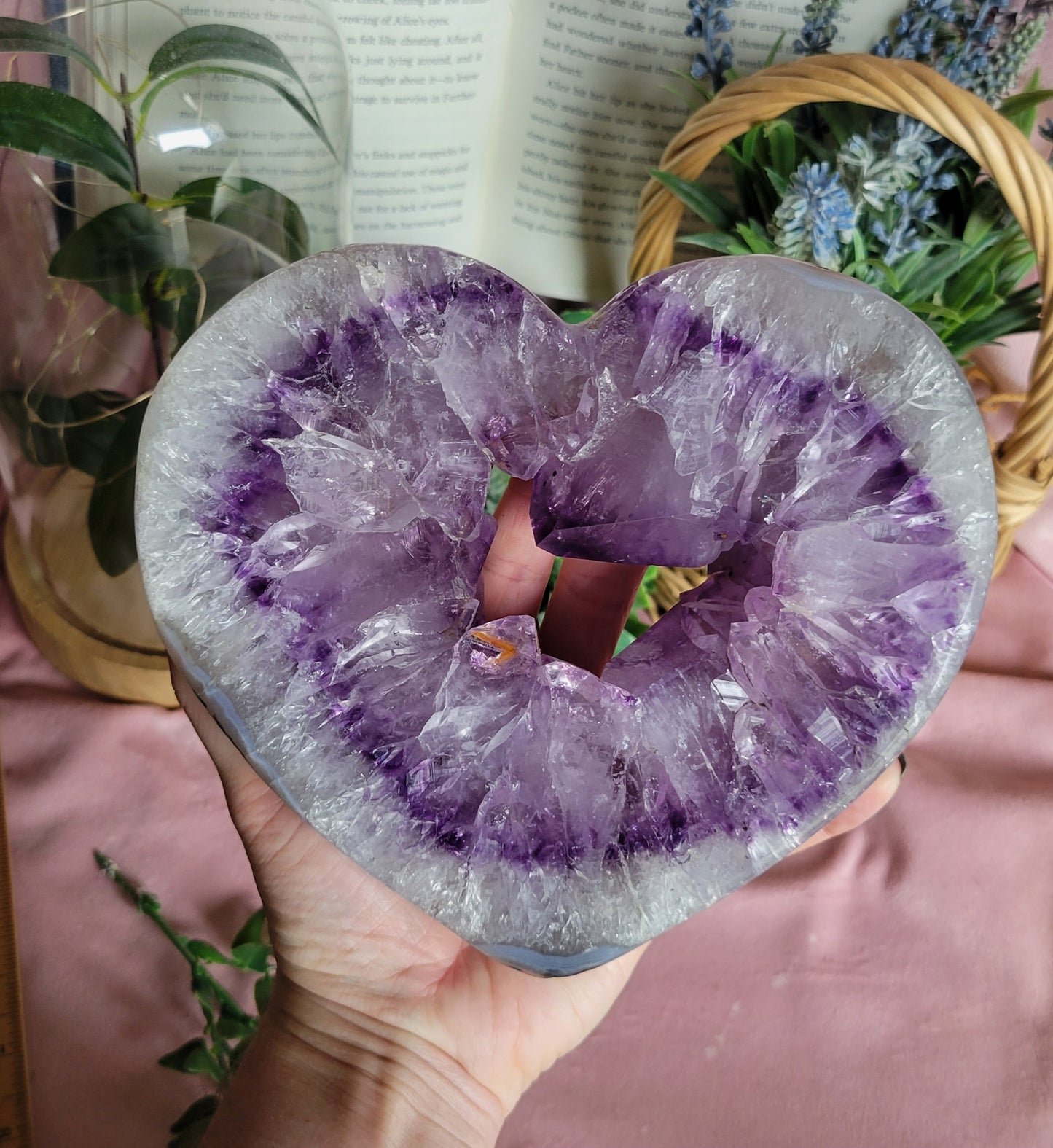 Purple amethyst heart on stand from Brazil